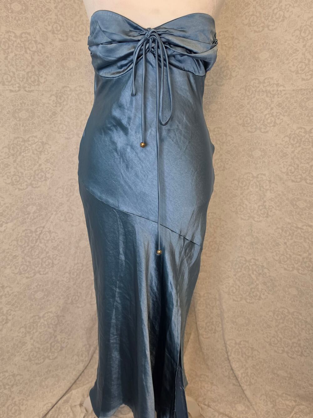 Selfie Leslie Kindred Spirit Strapless Gathered Bust Satin Midi Dress Blue XS